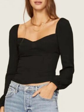 Reformation Black Sweetheart Square Neck Long Sleeve Top